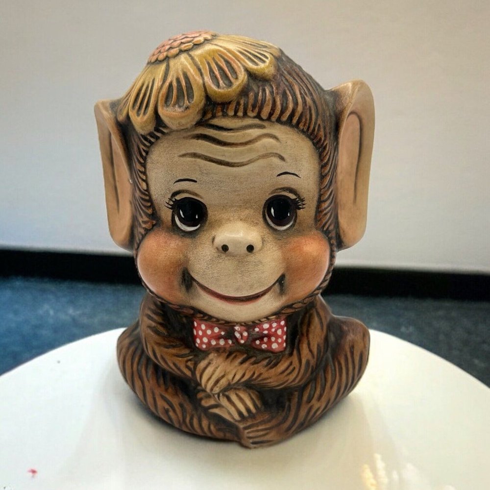 Vtg MCM Kitschy Monkey Figurine Ceramic Brown Flower Bowtie 6.5"